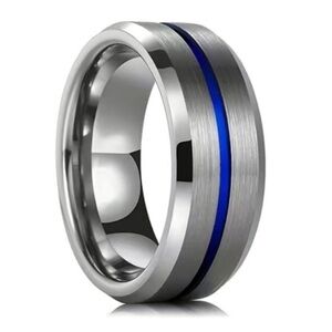 Men’s Silver Tungsten Ring with Blue Groove – Brushed Finish Comfort Fit Band